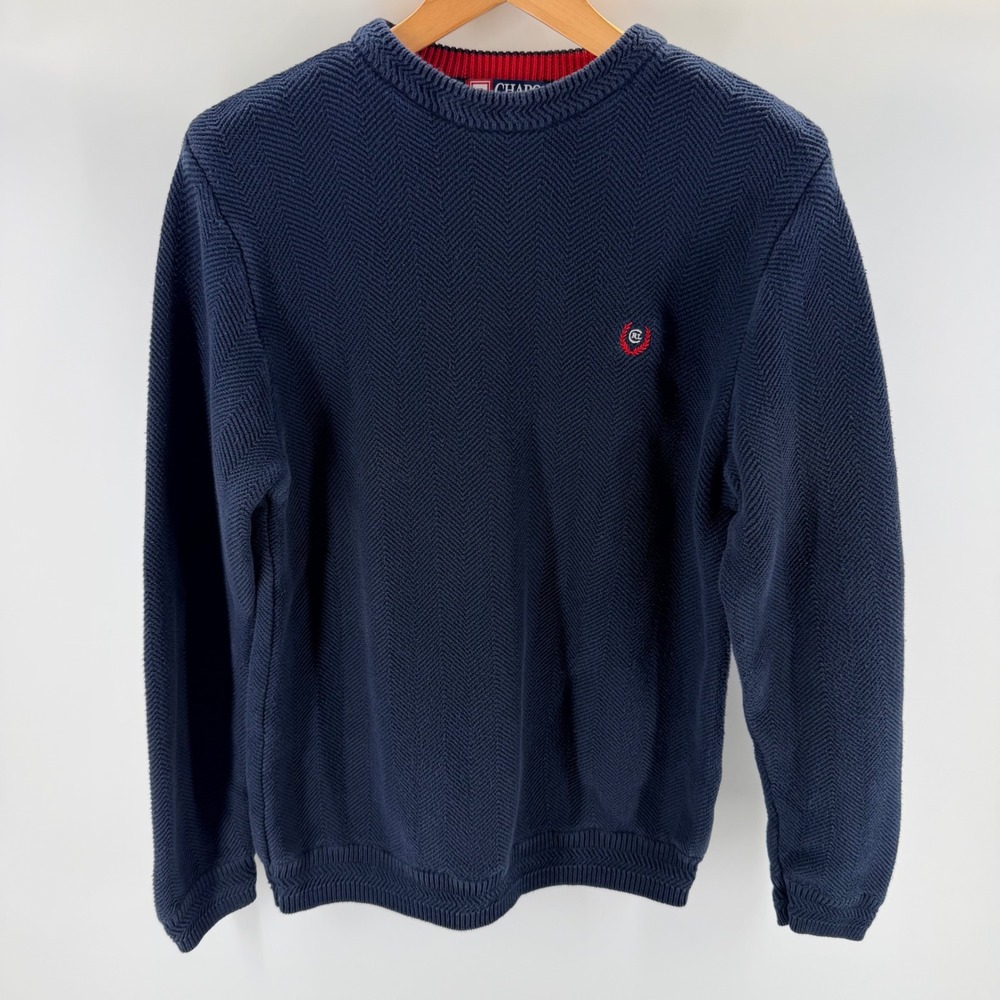 Chaps Ralph Lauren Mens Navy Blue Herringbone Cotton Crewneck Sweater M